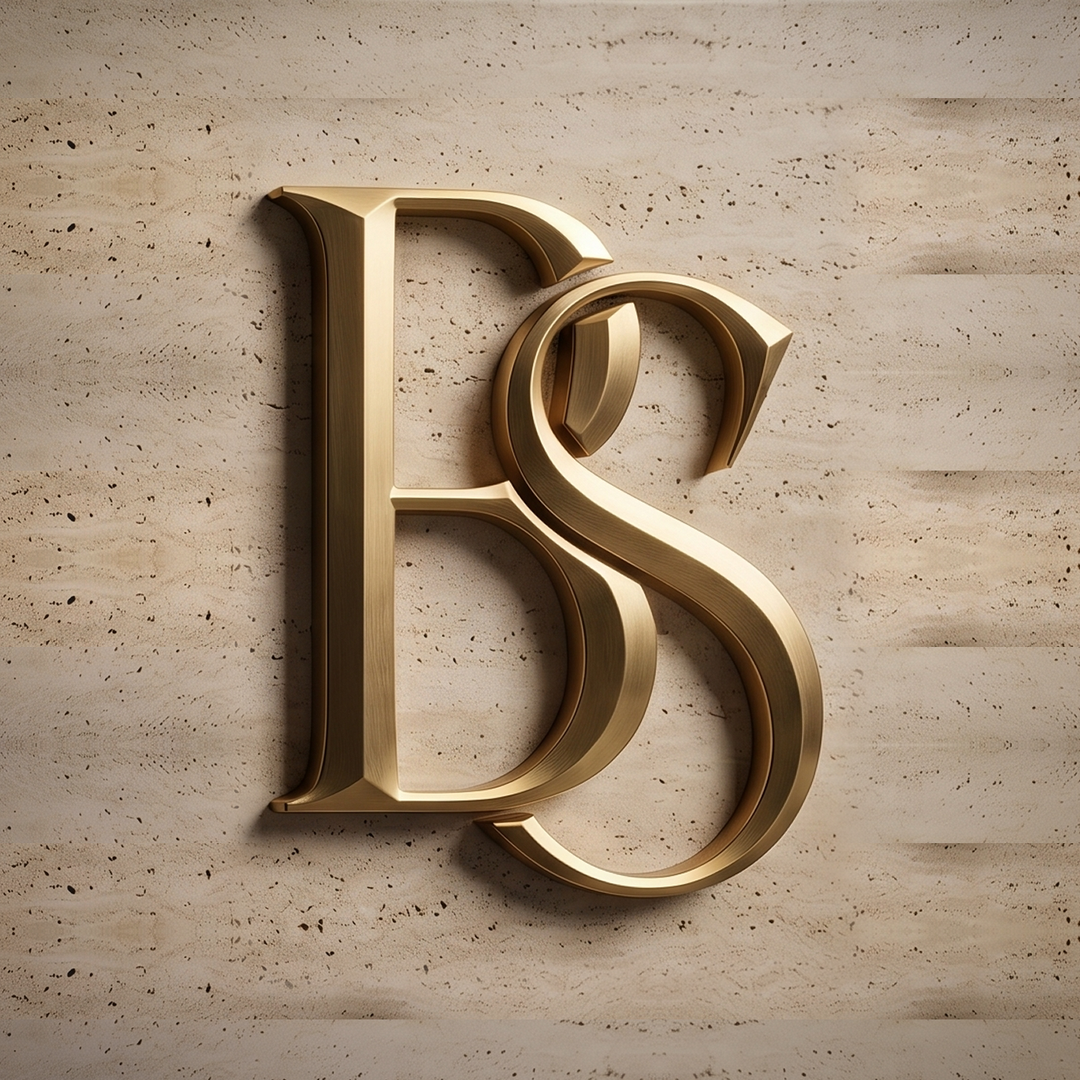 Bevel & Stone brushed-gold monogram mounted on a travertine wall
